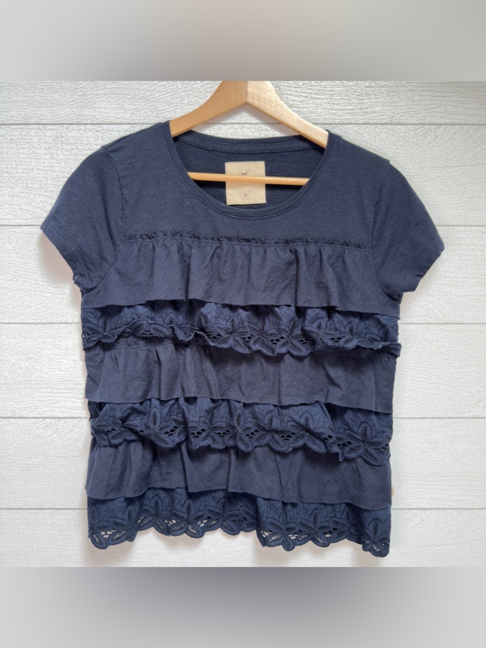 Hollister Navy Short Sleeve Ruffle & Lace Tiered Top